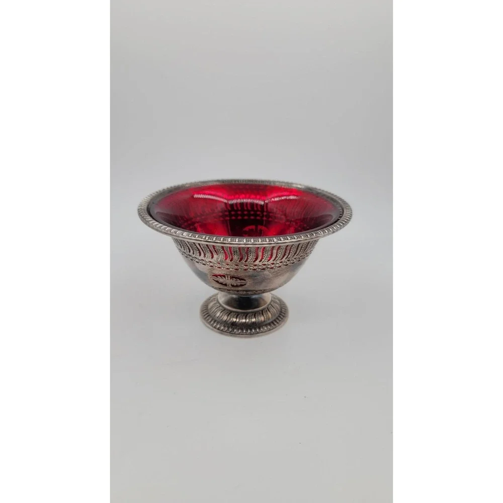 Barker Ellis Pedestal Bowl Ruby Red Glass Silver Plated Menorah Mark England